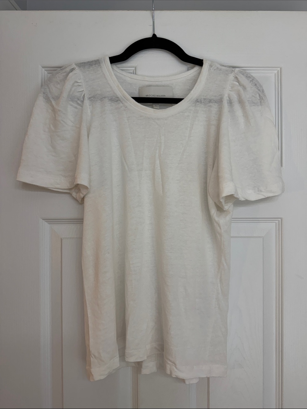 Brochu Walker White Linen Puff Sleeve Top L Quiet Luxury Coastal